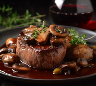 Filet mignon de porc aux champignons, sauce vin rouge